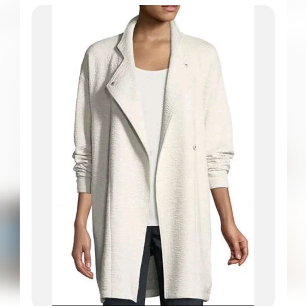 Eileen Fisher Double Knit Jacquard Crinkle Gauze Stand Up Collar Jacket Medium